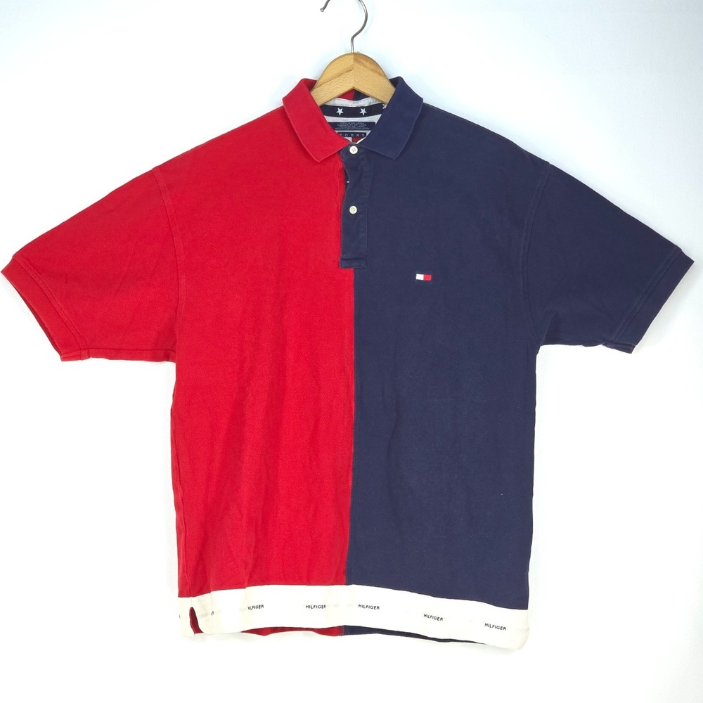 Tommy Hilfiger Y2K Color Block Polo Shirt Men's‎ Large 90s USA Baggy Flag Logo